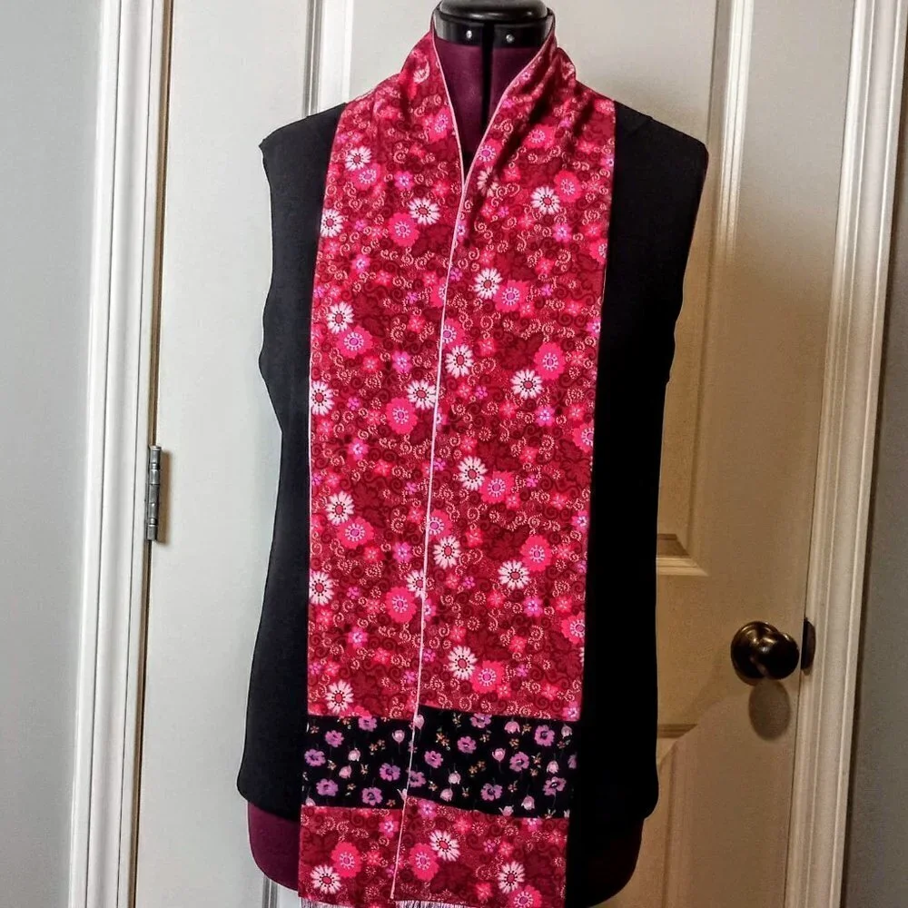 Red Pink Black Floral Fringed Oblong Scarf